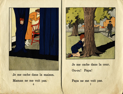 Reproduction de la sixi&egrave;me et de la septi&egrave;me page du manuel d’initiation &agrave; la lecture Frou-Frou et Fin-Fin de Robert Gauthier, 1939.