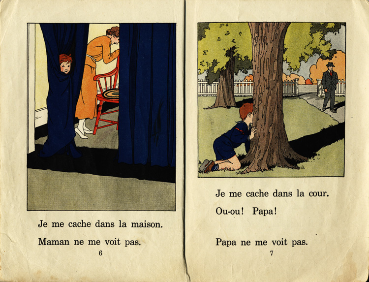 Reproduction de la sixi&egrave;me et de la septi&egrave;me page du manuel d’initiation &agrave; la lecture Frou-Frou et Fin-Fin de Robert Gauthier, 1939.
