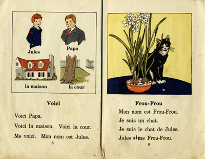 Reproduction de la huiti&egrave;me et de la neuvi&egrave;me page du manuel d’initiation &agrave; la lecture Frou-Frou et Fin-Fin de Robert Gauthier, 1939.