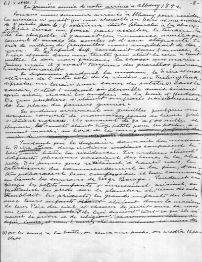 Reproduction de la huiti&egrave;me page des M&eacute;moires d’un p&egrave;re oblat, par Joseph-&Eacute;tienne Guinard, missionnaire &agrave; Albany en 1892, 1946.
