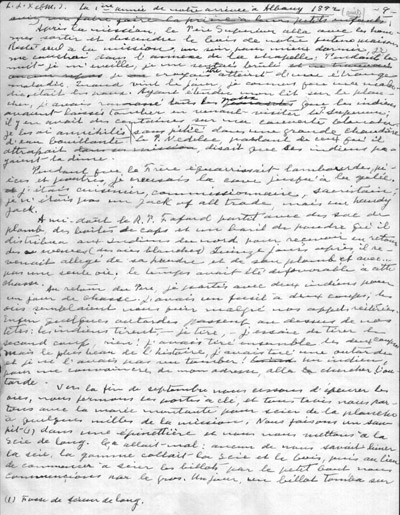 Reproduction de la neuvi&egrave;me page des M&eacute;moires d’un p&egrave;re oblat, par Joseph-&Eacute;tienne Guinard, missionnaire &agrave; Albany en 1892, 1946.