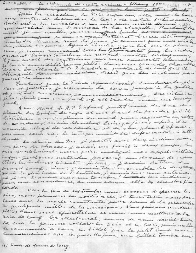 Reproduction de la neuvi&egrave;me page des M&eacute;moires d’un p&egrave;re oblat, par Joseph-&Eacute;tienne Guinard, missionnaire &agrave; Albany en 1892, 1946.