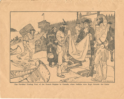 Reproduction du deuxi&egrave;me dessin de The Evolution of Canadian Commerce. Seven Drawings in Pen and Ink, par Charles W. Jefferys, repr&eacute;sentant la traite des fourrures &agrave; l’ext&eacute;rieur d’un poste fortifi&eacute; pendant le R&eacute;gime fran&ccedil;ais, ca 1700, 1909.
