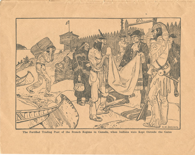 Reproduction du deuxi&egrave;me dessin de The Evolution of Canadian Commerce. Seven Drawings in Pen and Ink, par Charles W. Jefferys, repr&eacute;sentant la traite des fourrures &agrave; l’ext&eacute;rieur d’un poste fortifi&eacute; pendant le R&eacute;gime fran&ccedil;ais, ca 1700, 1909.