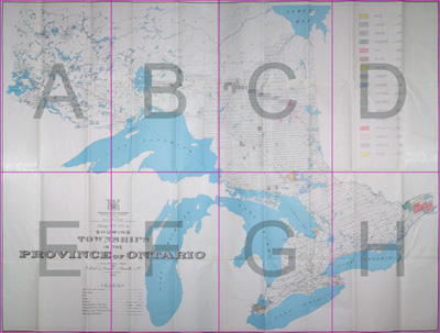 Reproduction d’une carte des territoires des inspecteurs des &eacute;coles bilingues de l’Ontario, carte de 1943 annot&eacute;e dans la d&eacute;cennie 1950.