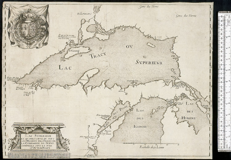 Reproduction d’une carte du Lac Sup&eacute;rieur et d’autres lieux des missions j&eacute;suites en Ontario, 1671.