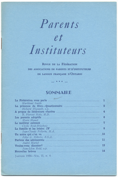 Reproduction de la page couverture du quatri&egrave;me num&eacute;ro du deuxi&egrave;me volume de la revue Parents et Instituteurs par la F&eacute;d&eacute;ration des associations de parents et d’instituteurs de langue fran&ccedil;aise d’Ontario, janvier 1956.