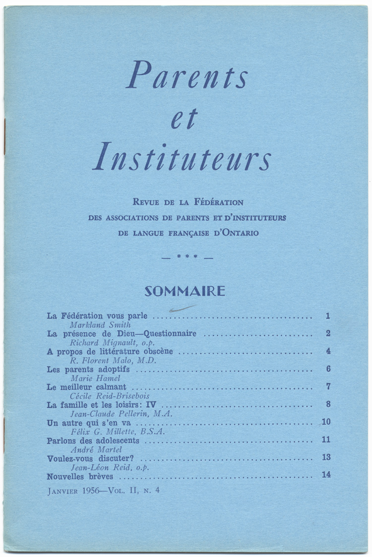 Reproduction de la page couverture du quatri&egrave;me num&eacute;ro du deuxi&egrave;me volume de la revue Parents et Instituteurs par la F&eacute;d&eacute;ration des associations de parents et d’instituteurs de langue fran&ccedil;aise d’Ontario, janvier 1956.