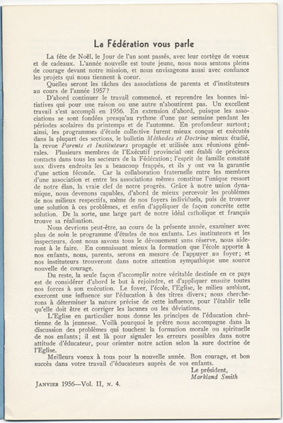 Reproduction de la premi&egrave;re page du quatri&egrave;me num&eacute;ro du deuxi&egrave;me volume de la revue Parents et Instituteurs publi&eacute; par la F&eacute;d&eacute;ration des associations de parents et instituteurs de langue fran&ccedil;aise de l’Ontario, comprenant un article de Markland Smith intitul&eacute; La f&eacute;d&eacute;ration vous parle, janvier 1956.