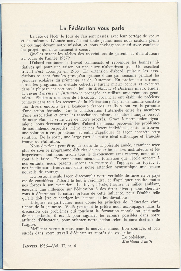 Reproduction de la premi&egrave;re page du quatri&egrave;me num&eacute;ro du deuxi&egrave;me volume de la revue Parents et Instituteurs publi&eacute; par la F&eacute;d&eacute;ration des associations de parents et instituteurs de langue fran&ccedil;aise de l’Ontario, comprenant un article de Markland Smith intitul&eacute; La f&eacute;d&eacute;ration vous parle, janvier 1956.