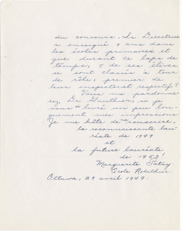Reproduction de la quatrième page d’une lettre de Marguerite Patry, lauréate du concours provincial de français de l’Ontario en 1949, à Robert Gauthier, directeur de l’enseignement français, ministère de l’Éducation de l’Ontario, 29 avril 1949.