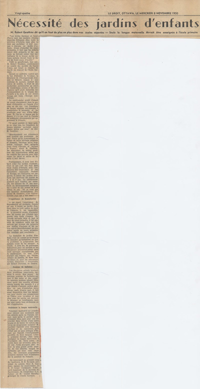 Reproduction d’un article intitul&eacute; N&eacute;cessit&eacute; des jardins d’enfants paru &agrave; la vingt-quatri&egrave;me page du quotidien Le Droit du 8 novembre 1950 au sujet d’une conf&eacute;rence de Robert Gauthier au sujet des jardins d’enfants, 1950.