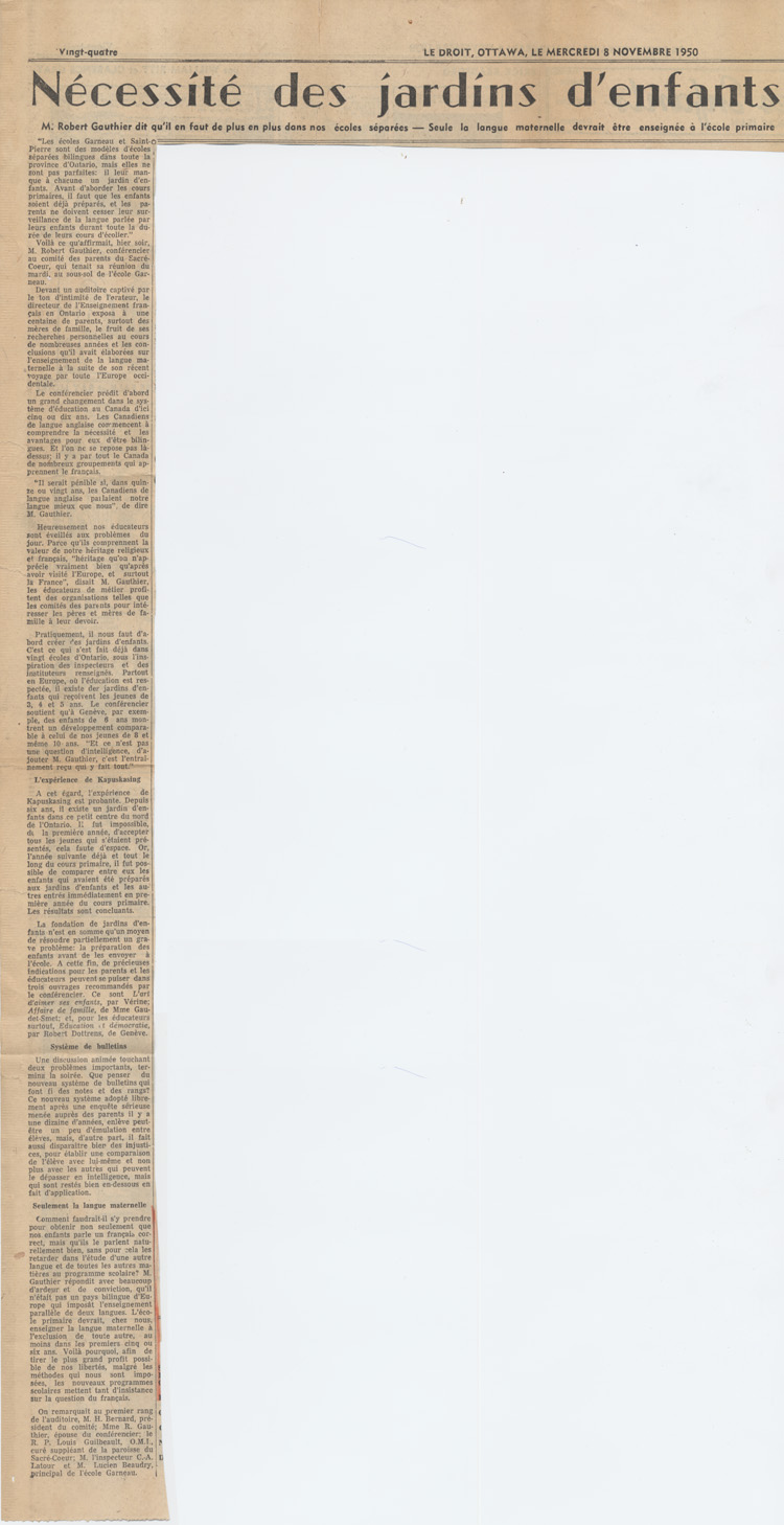 Reproduction d’un article intitul&eacute; N&eacute;cessit&eacute; des jardins d’enfants paru &agrave; la vingt-quatri&egrave;me page du quotidien Le Droit du 8 novembre 1950 au sujet d’une conf&eacute;rence de Robert Gauthier au sujet des jardins d’enfants, 1950.
