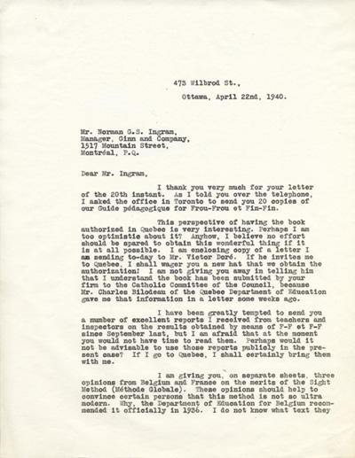 Reproduction de la premi&egrave;re page de la copie d’une lettre de Robert Gauthier, directeur de l’enseignement fran&ccedil;ais en Ontario, &agrave; Norman Ingram, directeur de la maison d’&eacute;dition Ginn and Compagny, division canadienne, 22 avril 1940.