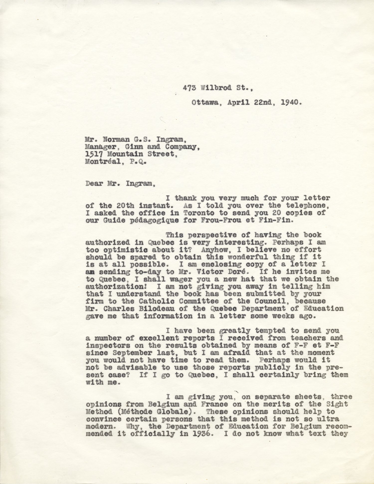 Reproduction de la premi&egrave;re page de la copie d’une lettre de Robert Gauthier, directeur de l’enseignement fran&ccedil;ais en Ontario, &agrave; Norman Ingram, directeur de la maison d’&eacute;dition Ginn and Compagny, division canadienne, 22 avril 1940.