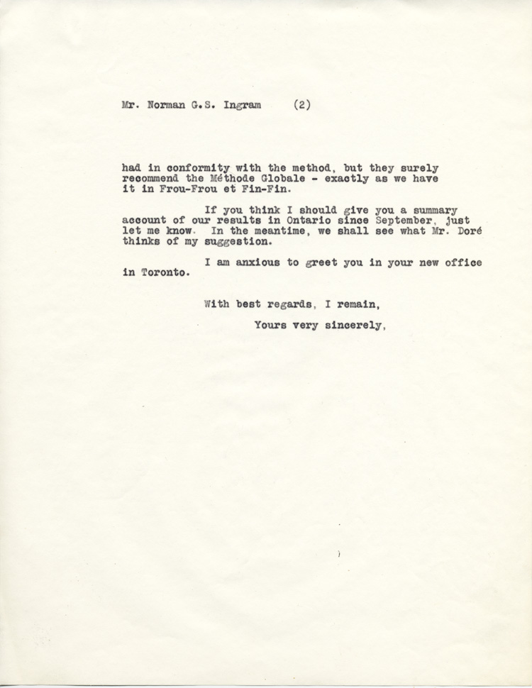 Reproduction de la deuxi&egrave;me page de la copie d’une lettre de Robert Gauthier, directeur de l’enseignement fran&ccedil;ais en Ontario, &agrave; Norman Ingram, directeur de la maison d’&eacute;dition Ginn and Compagny, division canadienne, 22 avril 1940.