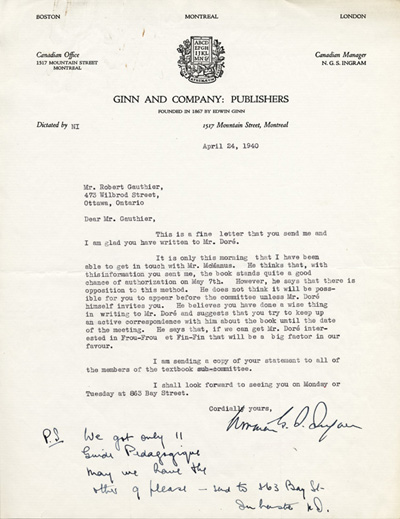 Reproduction de la lettre de Norman Ingram, directeur de la maison d’&eacute;dition Ginn and Compagny, division canadienne, &agrave; Robert Gauthier, directeur de l’enseignement fran&ccedil;ais en Ontario, 24 avril 1940.