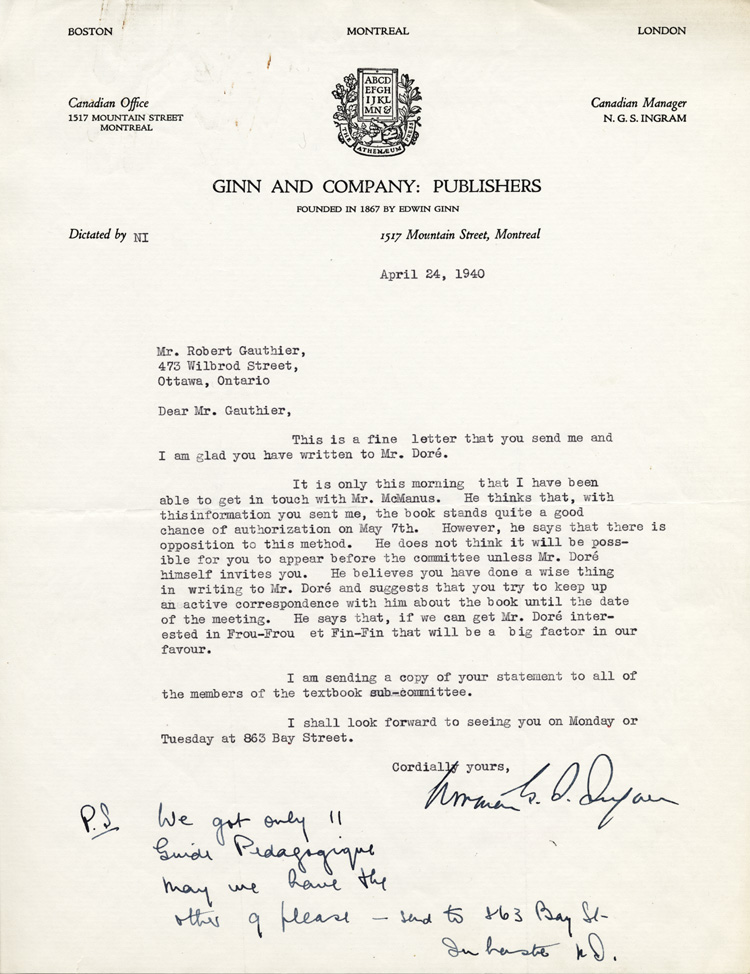 Reproduction de la lettre de Norman Ingram, directeur de la maison d’&eacute;dition Ginn and Compagny, division canadienne, &agrave; Robert Gauthier, directeur de l’enseignement fran&ccedil;ais en Ontario, 24 avril 1940.