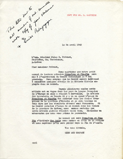 Reproduction d’une copie de la lettre circulaire de la division canadienne de Ginn and Compagny au s&eacute;nateur Jules-&Eacute;douard Pr&eacute;vost, 24 avril 1940.