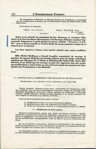 Reproduction de la cent trente-huiti&egrave;me page du quatri&egrave;me num&eacute;ro du troisi&egrave;me volume de L’enseignement primaire, bulletin officiel du d&eacute;partement de l’instruction publique, comprenant un extrait du proc&egrave;s-verbal de la session de mai 1940 du Comit&eacute; catholique du Conseil de l’instruction publique du Qu&eacute;bec, 1940.