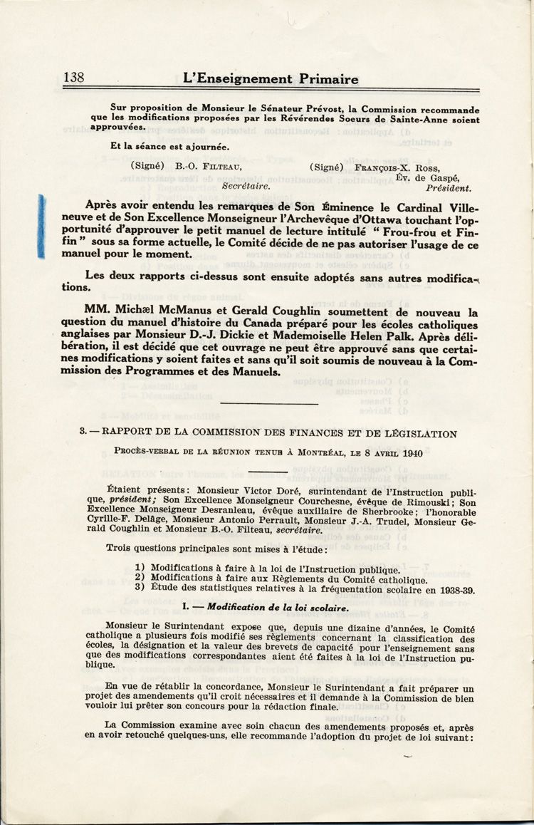 Reproduction de la cent trente-huiti&egrave;me page du quatri&egrave;me num&eacute;ro du troisi&egrave;me volume de L’enseignement primaire, bulletin officiel du d&eacute;partement de l’instruction publique, comprenant un extrait du proc&egrave;s-verbal de la session de mai 1940 du Comit&eacute; catholique du Conseil de l’instruction publique du Qu&eacute;bec, 1940.