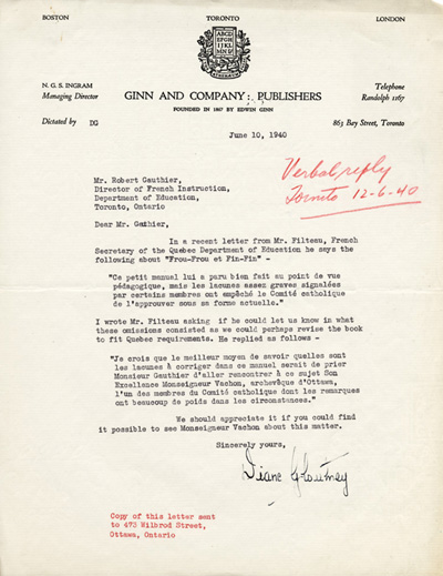 Reproduction d’une lettre de Diane Gloeetney, secr&eacute;taire, division canadienne de Ginn and Compagny, &agrave; Robert Gauthier, directeur de l’enseignement fran&ccedil;ais, 10 juin 1940.