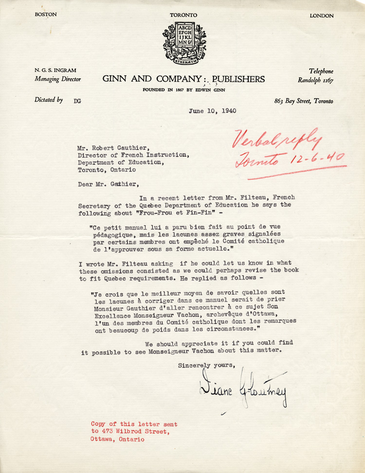 Reproduction d’une lettre de Diane Gloeetney, secr&eacute;taire, division canadienne de Ginn and Compagny, &agrave; Robert Gauthier, directeur de l’enseignement fran&ccedil;ais, 10 juin 1940.