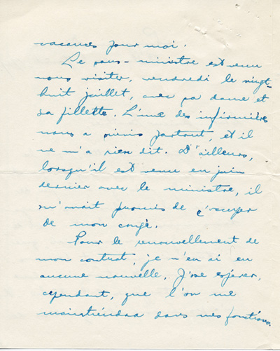 Reproduction de la deuxi&egrave;me page d’une lettre de Ga&euml;tane V&eacute;zina, institutrice des jumelles Dionne de 1938 &agrave; 1942, &agrave; Robert Gauthier, directeur de l’enseignement du fran&ccedil;ais en Ontario, 7 ao&ucirc;t 1939.