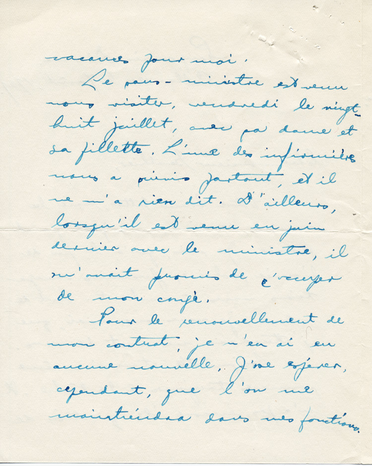 Reproduction de la deuxi&egrave;me page d’une lettre de Ga&euml;tane V&eacute;zina, institutrice des jumelles Dionne de 1938 &agrave; 1942, &agrave; Robert Gauthier, directeur de l’enseignement du fran&ccedil;ais en Ontario, 7 ao&ucirc;t 1939.