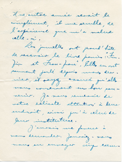 Reproduction de la troisi&egrave;me page d’une lettre de Ga&euml;tane V&eacute;zina, institutrice des jumelles Dionne de 1938 &agrave; 1942, &agrave; Robert Gauthier, directeur de l’enseignement du fran&ccedil;ais en Ontario, 7 ao&ucirc;t 1939.