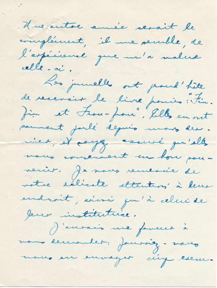 Reproduction de la troisi&egrave;me page d’une lettre de Ga&euml;tane V&eacute;zina, institutrice des jumelles Dionne de 1938 &agrave; 1942, &agrave; Robert Gauthier, directeur de l’enseignement du fran&ccedil;ais en Ontario, 7 ao&ucirc;t 1939.