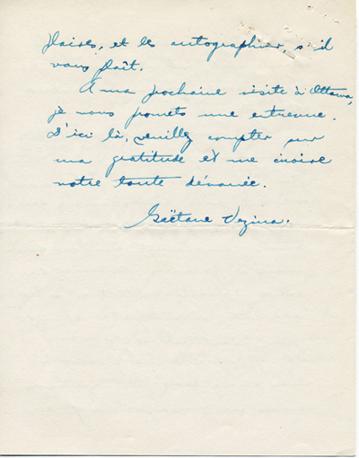 Reproduction de la quatri&egrave;me page d’une lettre de Ga&euml;tane V&eacute;zina, institutrice des jumelles Dionne de 1938 &agrave; 1942, &agrave; Robert Gauthier, directeur de l’enseignement du fran&ccedil;ais en Ontario, 7 ao&ucirc;t 1939.