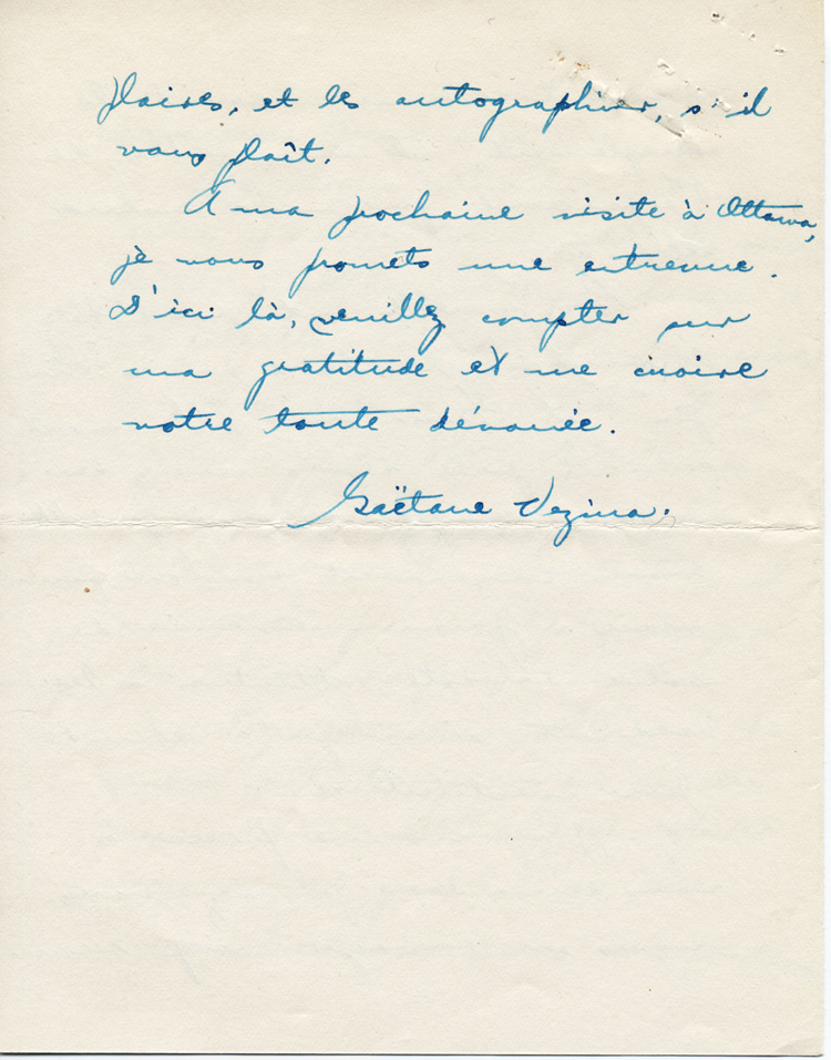 Reproduction de la quatri&egrave;me page d’une lettre de Ga&euml;tane V&eacute;zina, institutrice des jumelles Dionne de 1938 &agrave; 1942, &agrave; Robert Gauthier, directeur de l’enseignement du fran&ccedil;ais en Ontario, 7 ao&ucirc;t 1939.