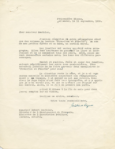 Reproduction d’une lettre de Ga&euml;tane V&eacute;zina, institutrice des jumelles Dionne de 1938 &agrave; 1942, &agrave; Robert Gauthier, directeur de l’enseignement du fran&ccedil;ais en Ontario, 11 septembre 1939.