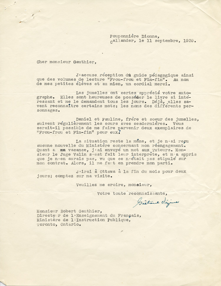 Reproduction d’une lettre de Ga&euml;tane V&eacute;zina, institutrice des jumelles Dionne de 1938 &agrave; 1942, &agrave; Robert Gauthier, directeur de l’enseignement du fran&ccedil;ais en Ontario, 11 septembre 1939.