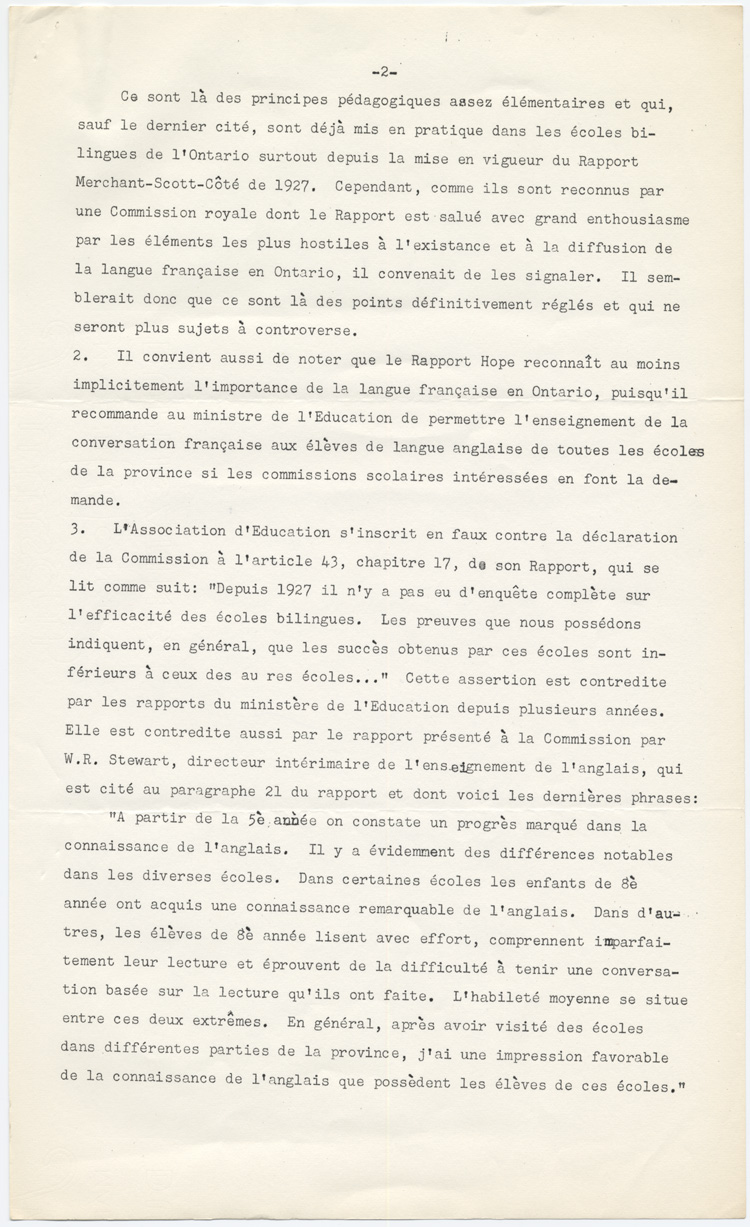 Reproduction de la deuxi&egrave;me page de la D&eacute;claration de l’Association canadienne-fran&ccedil;aise de l’Ontario au sujet des recommandations de la Commission Hope sur les &eacute;coles bilingues, 28 mars 1951.