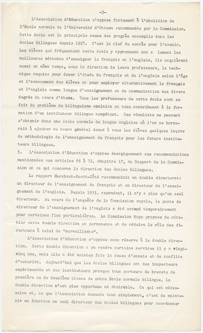 Reproduction de la troisi&egrave;me page de la D&eacute;claration de l’Association canadienne-fran&ccedil;aise de l’Ontario au sujet des recommandations de la Commission Hope sur les &eacute;coles bilingues, 28 mars 1951.