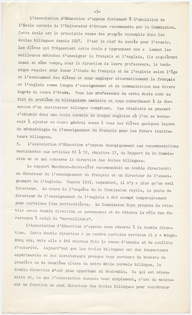 Reproduction de la troisi&egrave;me page de la D&eacute;claration de l’Association canadienne-fran&ccedil;aise de l’Ontario au sujet des recommandations de la Commission Hope sur les &eacute;coles bilingues, 28 mars 1951.