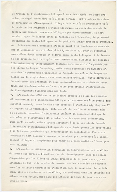 Reproduction de la quatri&egrave;me page de la D&eacute;claration de l’Association canadienne-fran&ccedil;aise de l’Ontario au sujet des recommandations de la Commission Hope sur les &eacute;coles bilingues, 28 mars 1951.