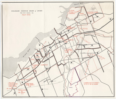 Reproduction d’une carte intitul&eacute;e High School Boundary Map, 1969-1970 du Collegiate Institute Board of Ottawa, 1970.