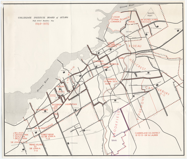 Reproduction d’une carte intitul&eacute;e High School Boundary Map, 1969-1970 du Collegiate Institute Board of Ottawa, 1970.