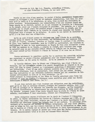 Reproduction de la premi&egrave;re page du texte du discours prononc&eacute; par Mgr Joseph-Aur&egrave;le Plourde, archev&ecirc;que d’Ottawa, au Club Richelieu d’Ottawa (Ontario), 1er mars 1967, 1967.