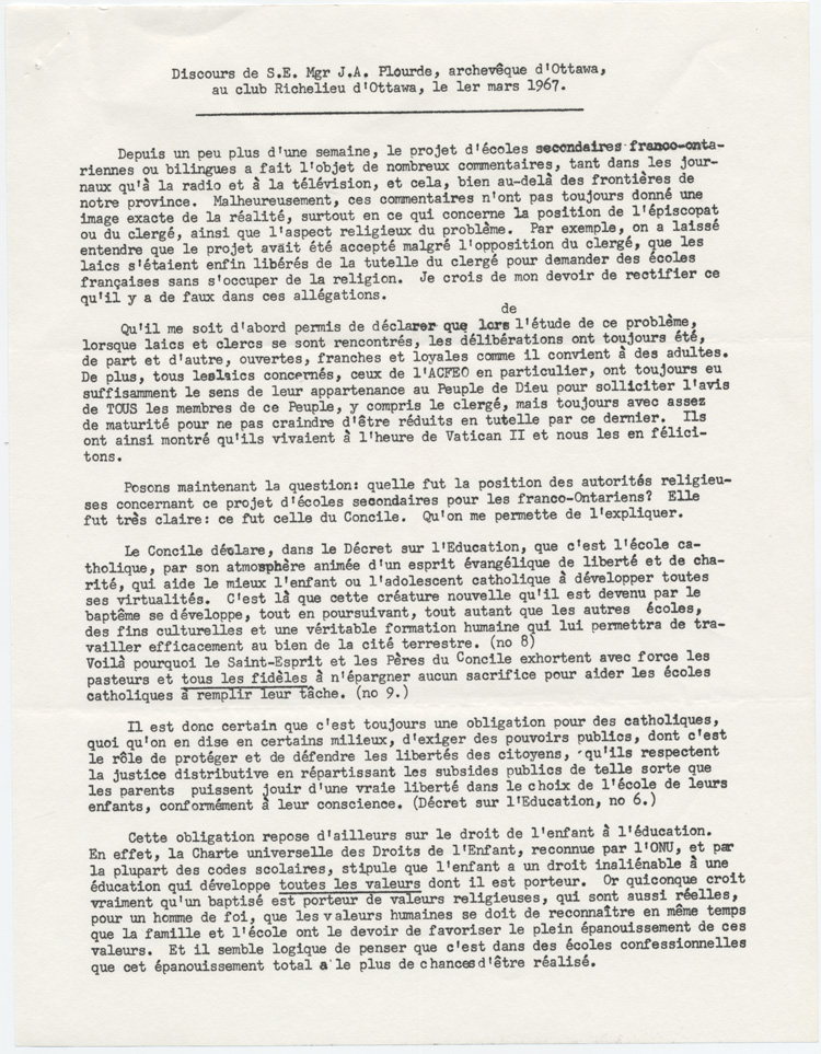 Reproduction de la premi&egrave;re page du texte du discours prononc&eacute; par Mgr Joseph-Aur&egrave;le Plourde, archev&ecirc;que d’Ottawa, au Club Richelieu d’Ottawa (Ontario), 1er mars 1967, 1967.