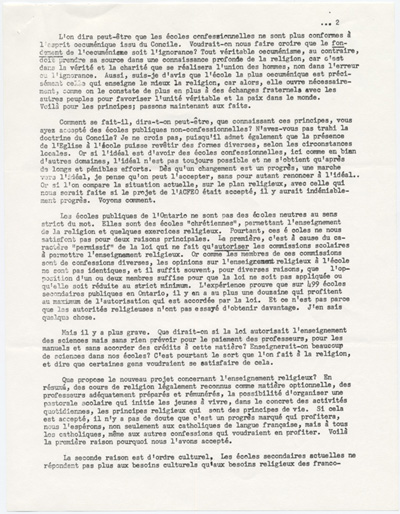 Reproduction de la deuxi&egrave;me page du texte du discours prononc&eacute; par Mgr Joseph-Aur&egrave;le Plourde, archev&ecirc;que d’Ottawa, au Club Richelieu d’Ottawa (Ontario), 1er mars 1967, 1967.