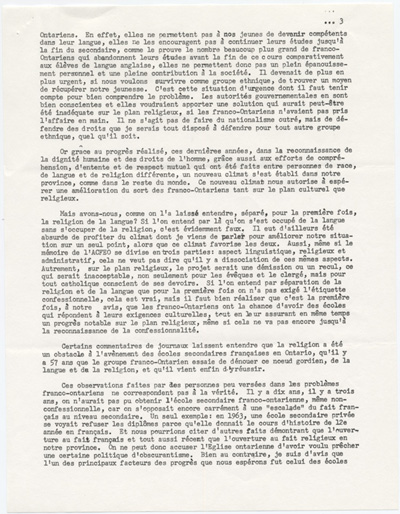 Reproduction de la troisi&egrave;me page du texte du discours prononc&eacute; par Mgr Joseph-Aur&egrave;le Plourde, archev&ecirc;que d’Ottawa, au Club Richelieu d’Ottawa (Ontario), 1er mars 1967, 1967.
