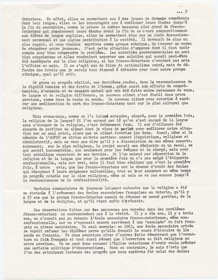 Reproduction de la troisi&egrave;me page du texte du discours prononc&eacute; par Mgr Joseph-Aur&egrave;le Plourde, archev&ecirc;que d’Ottawa, au Club Richelieu d’Ottawa (Ontario), 1er mars 1967, 1967.