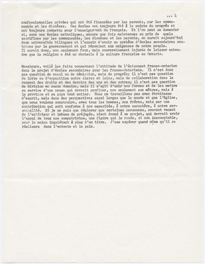 Reproduction de la quatri&egrave;me page du texte du discours prononc&eacute; par Mgr Joseph-Aur&egrave;le Plourde, archev&ecirc;que d’Ottawa, au Club Richelieu d’Ottawa (Ontario), 1er mars 1967, 1967.