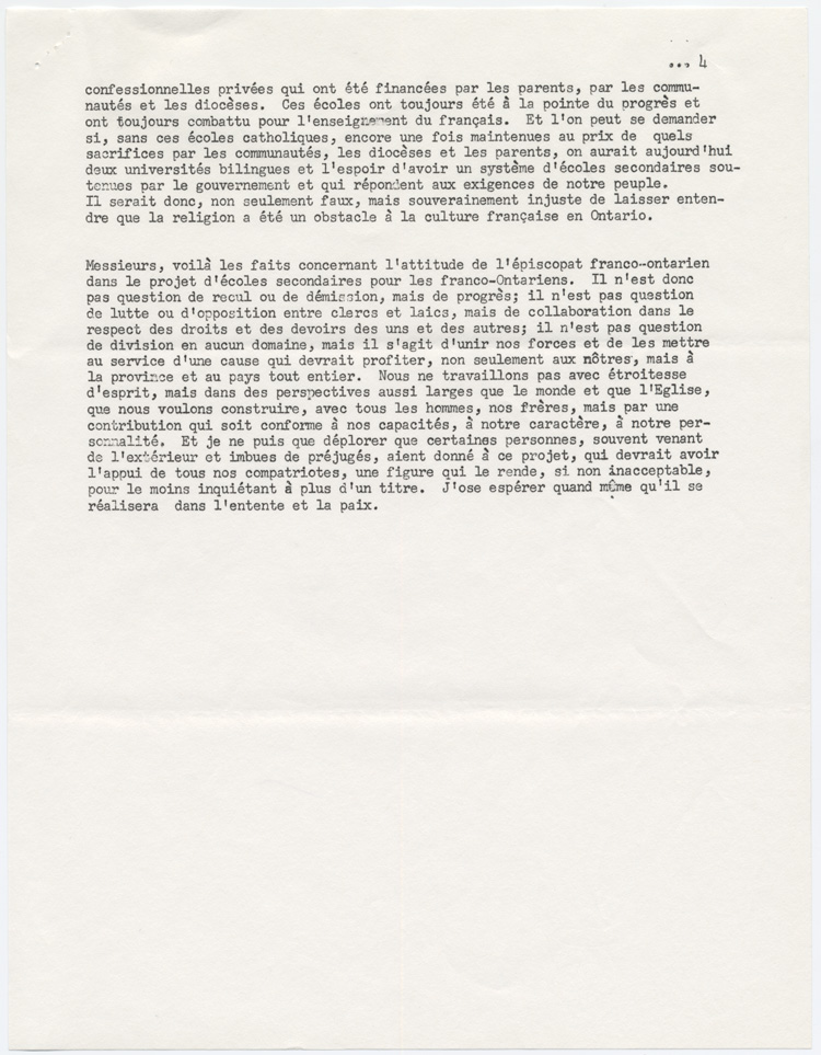 Reproduction de la quatri&egrave;me page du texte du discours prononc&eacute; par Mgr Joseph-Aur&egrave;le Plourde, archev&ecirc;que d’Ottawa, au Club Richelieu d’Ottawa (Ontario), 1er mars 1967, 1967.