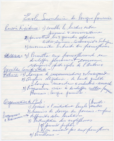 Reproduction d’une &eacute;bauche des principales recommandations du Comit&eacute; sur les &eacute;coles de langue fran&ccedil;aise de l’Ontario (Rapport B&eacute;riault) sur l’&eacute;cole secondaire de langue fran&ccedil;aise, 1967 ou 1968.