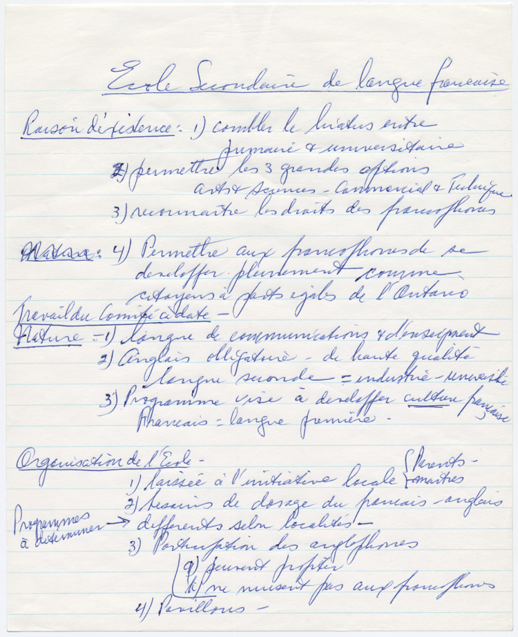 Reproduction d’une &eacute;bauche des principales recommandations du Comit&eacute; sur les &eacute;coles de langue fran&ccedil;aise de l’Ontario (Rapport B&eacute;riault) sur l’&eacute;cole secondaire de langue fran&ccedil;aise, 1967 ou 1968.